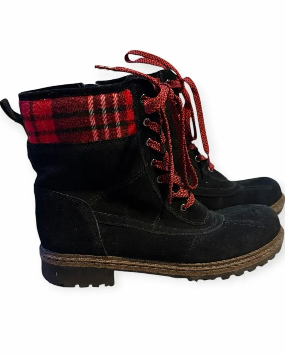 BLONDO Pyper Waterproof Black Suede Red Plaid Lace-Up Boots Women’s 7M